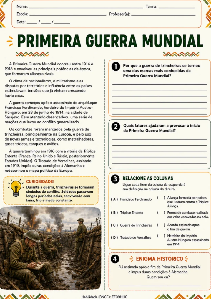 Atividade de História - Primeira Guerra Mundial