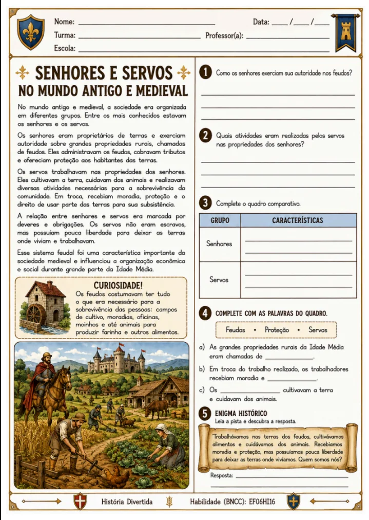 Atividade de História - Senhores e Servos no Mundo Antigo e Medieval